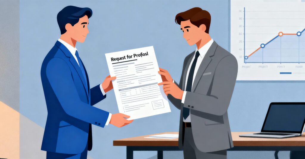 Four employees discuss what does a request for proposal do and go over documents together